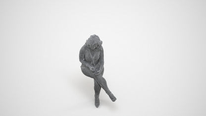 realistic 3D woman casual sitting, scanned archviz people for Blender and 3ds Max, wireframe three-quarter view