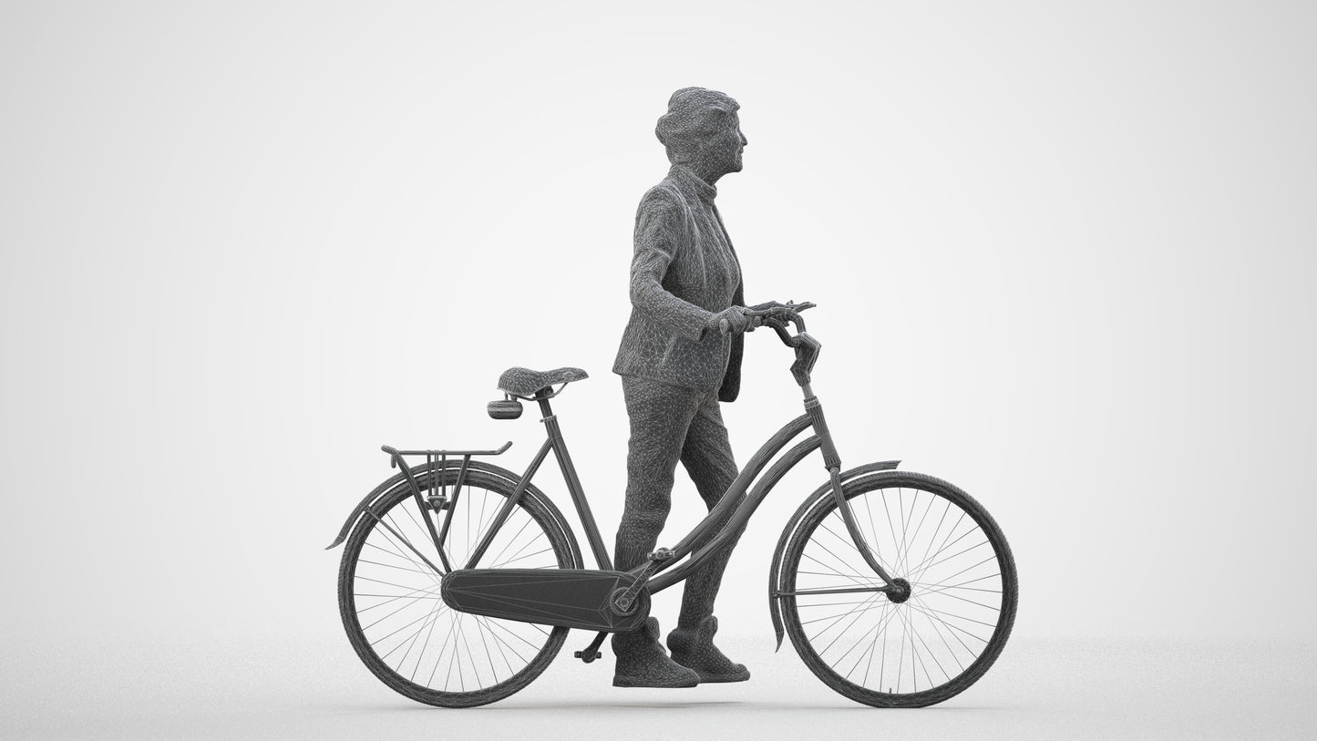 3D human model senior woman business cycling, photogrammetry scanned person for archviz, wireframe side view