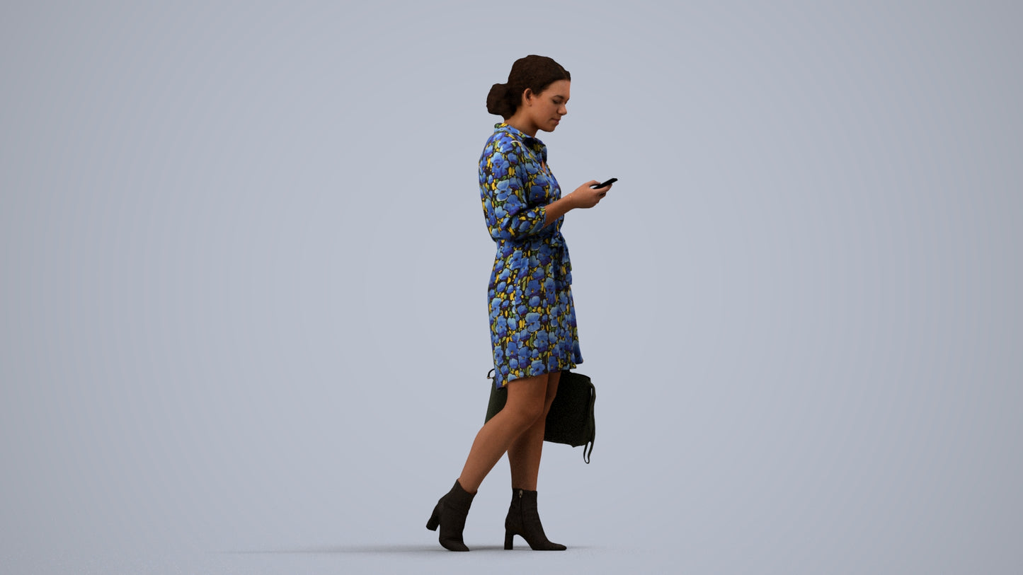 realistic 3D woman casual walking, scanned archviz people for Blender and 3ds Max, side view render
