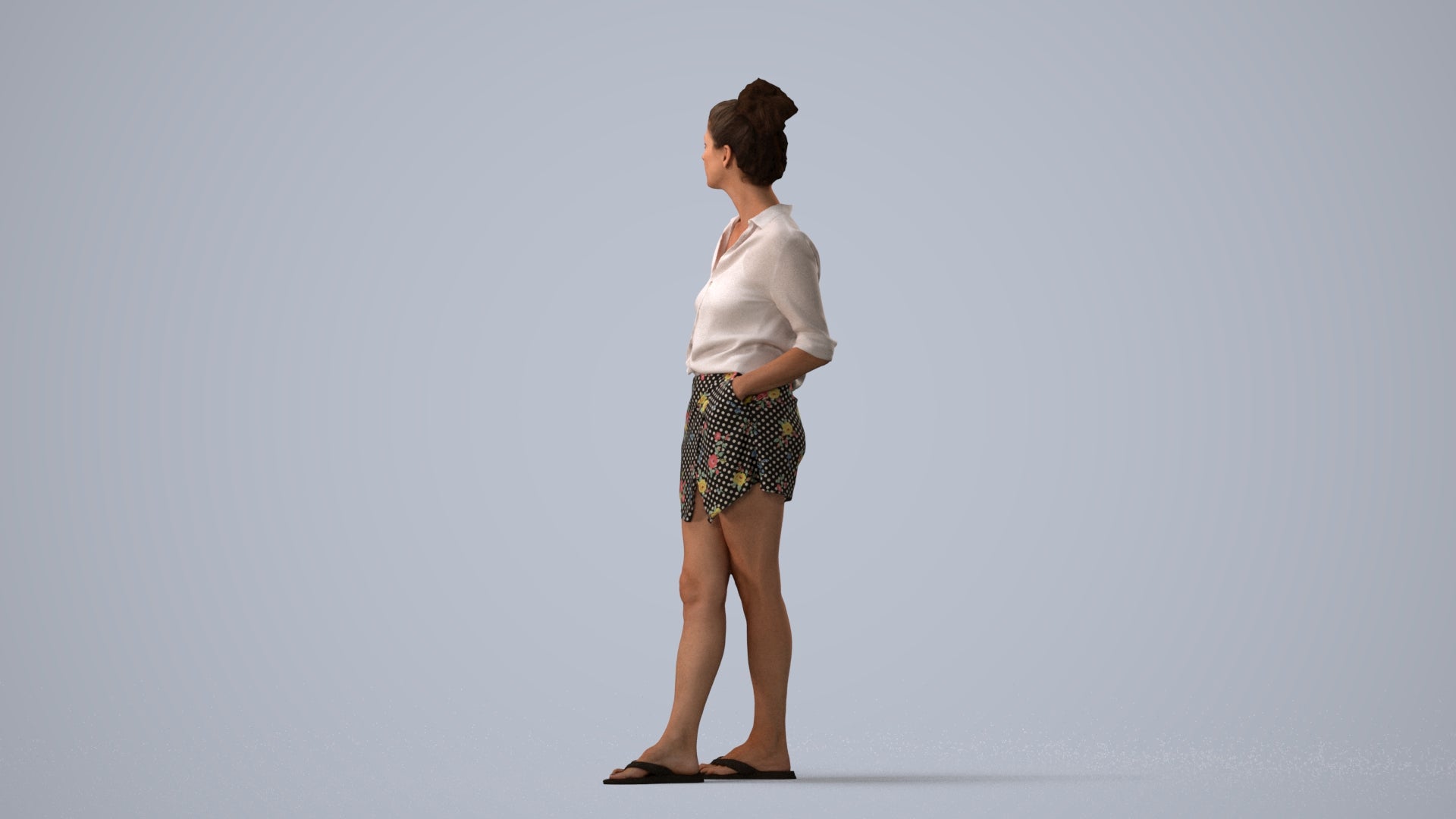 realistic 3D human woman casual standing, archviz people FBX OBJ for Blender, three-quarter view render
