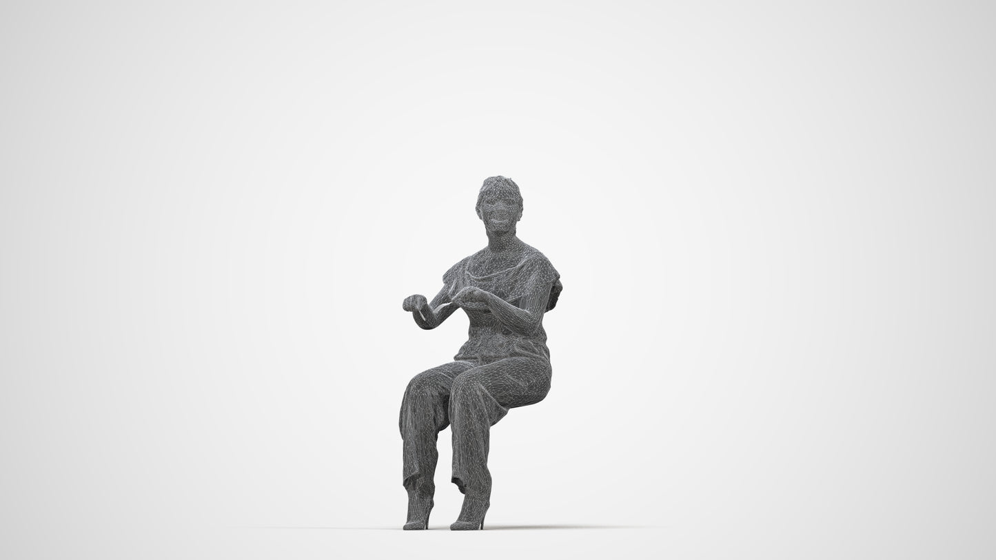 3D scanned woman sitting casual, photorealistic archviz people for Enscape and SketchUp, wireframe back view