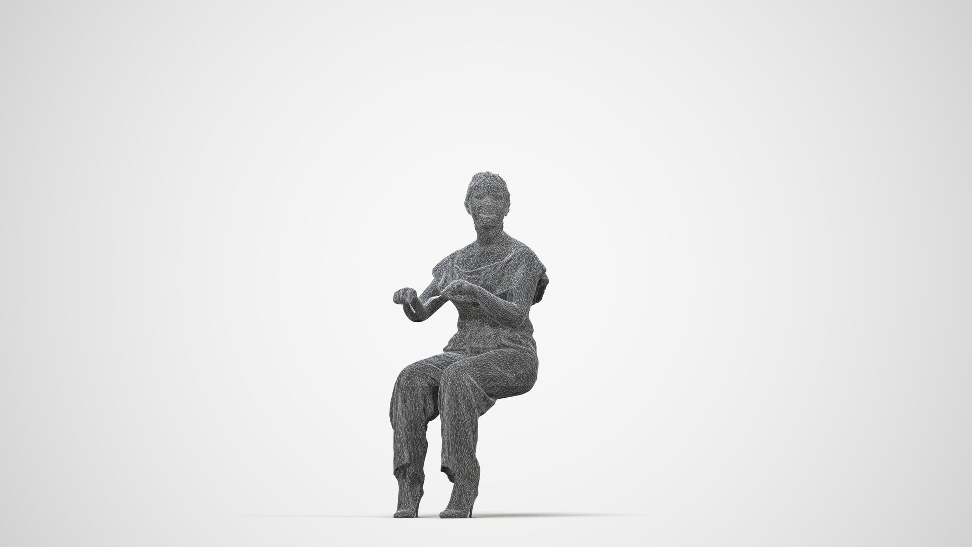 3D scanned woman sitting casual, photorealistic archviz people for Enscape and SketchUp, wireframe back view