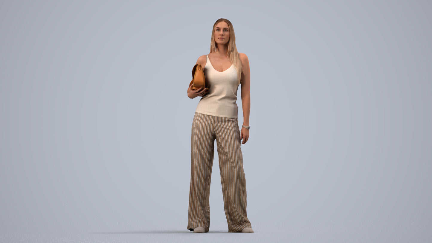 realistic 3D woman casual standing, scanned archviz people for Blender and 3ds Max, side view render