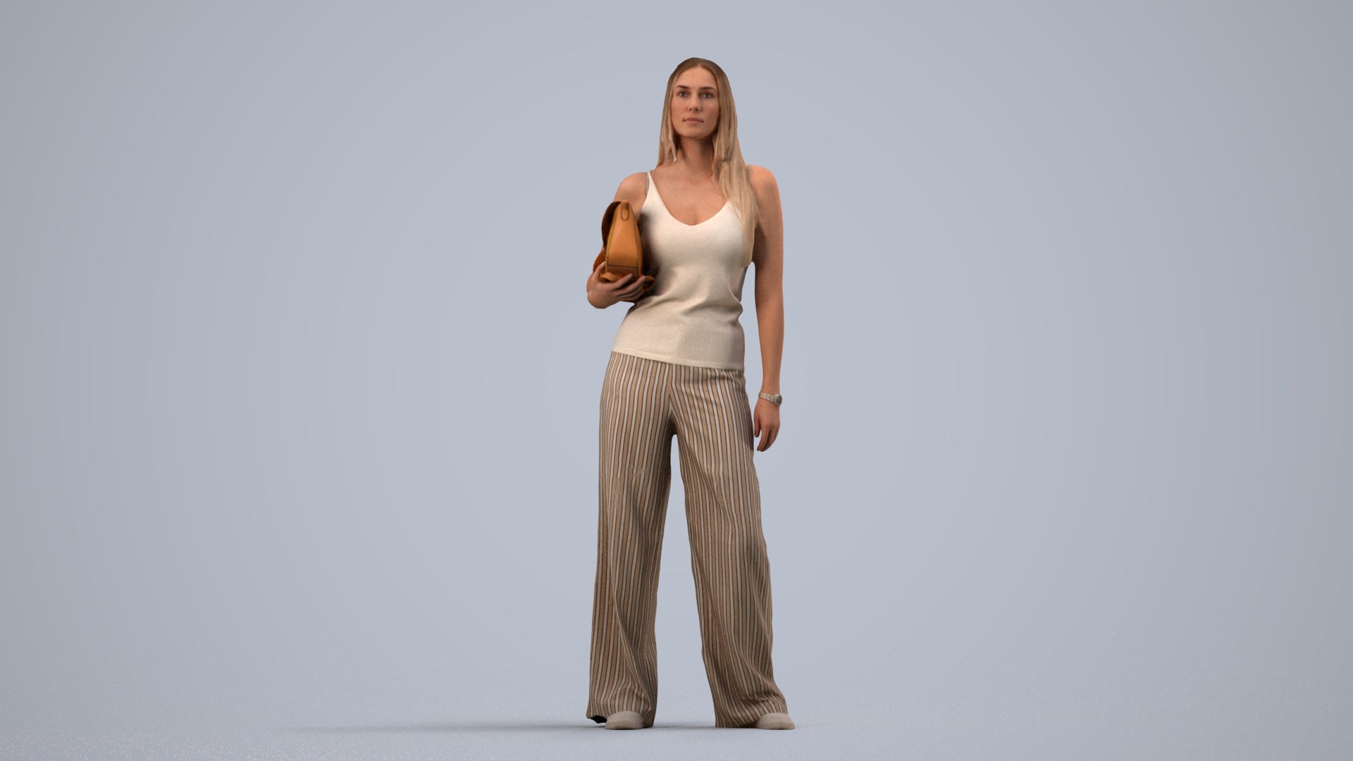 realistic 3D woman casual standing, scanned archviz people for Blender and 3ds Max, side view render
