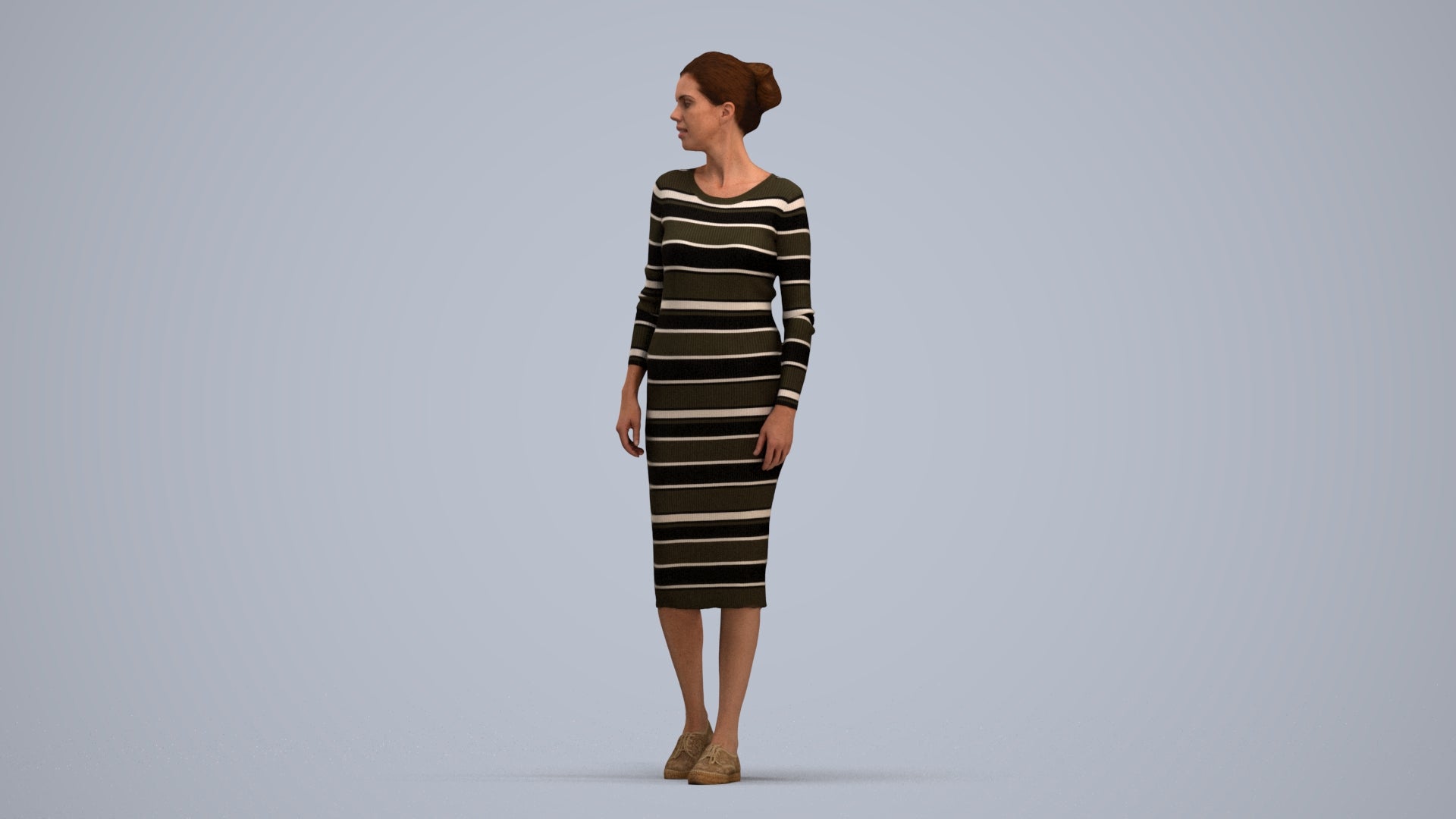 3D scanned woman walking casual, photorealistic archviz people for Enscape and SketchUp, standing pose render