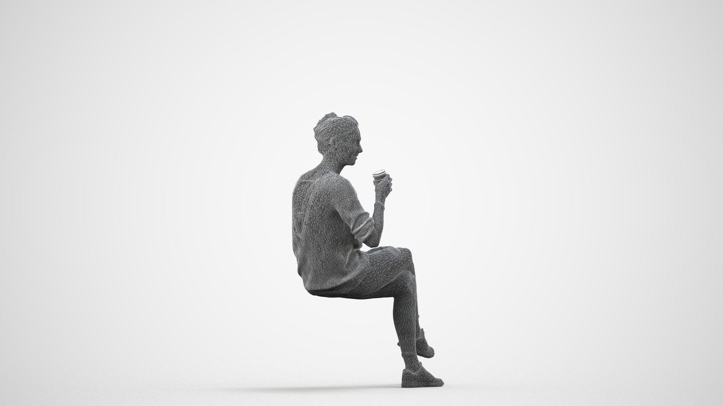 scanned 3D woman casual sitting, photogrammetry people for Enscape and V-Ray, wireframe side view