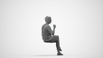 scanned 3D woman casual sitting, photogrammetry people for Enscape and V-Ray, wireframe side view