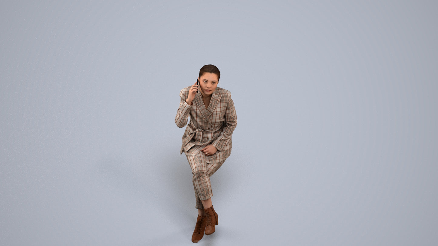 3D human model woman business, photogrammetry scanned person for archviz, back view render