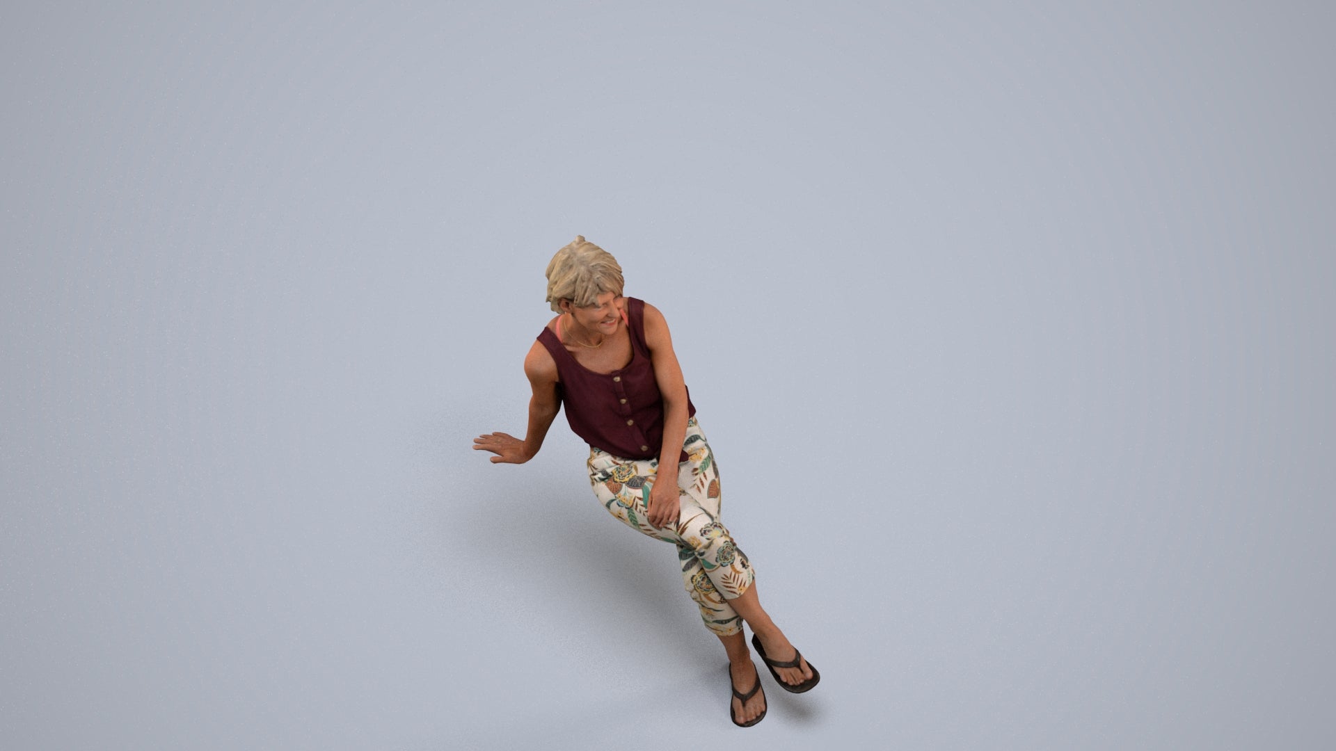 3D human model senior woman sitting, photogrammetry scanned person for archviz, back view render