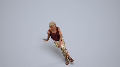 3D human model senior woman sitting, photogrammetry scanned person for archviz, back view render