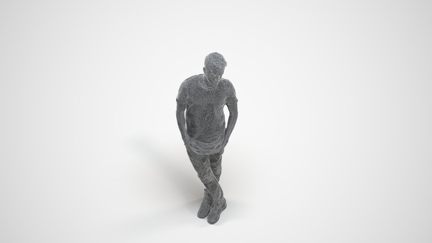 realistic 3D human man casual standing, archviz people FBX OBJ for Blender, wireframe three-quarter view