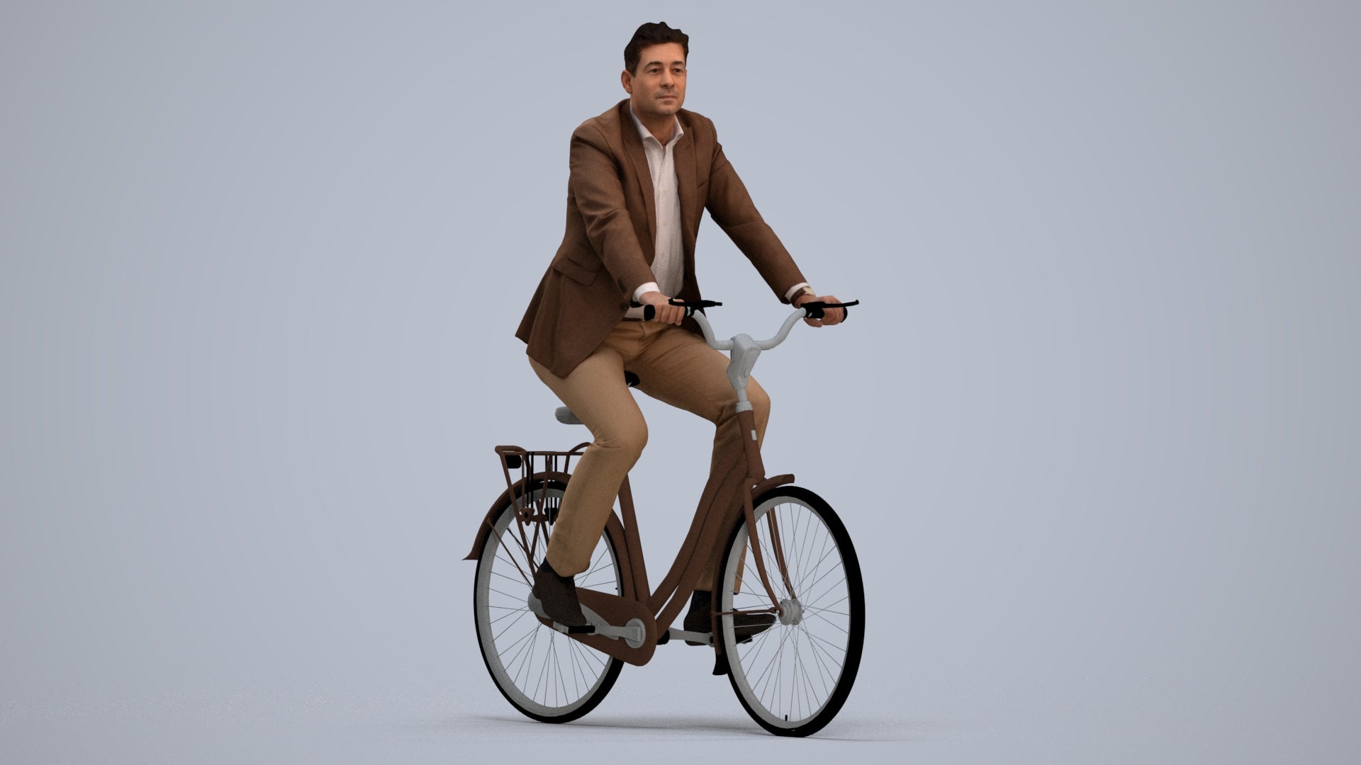 photogrammetry 3D man business cycling, realistic human model archviz FBX, standing pose render