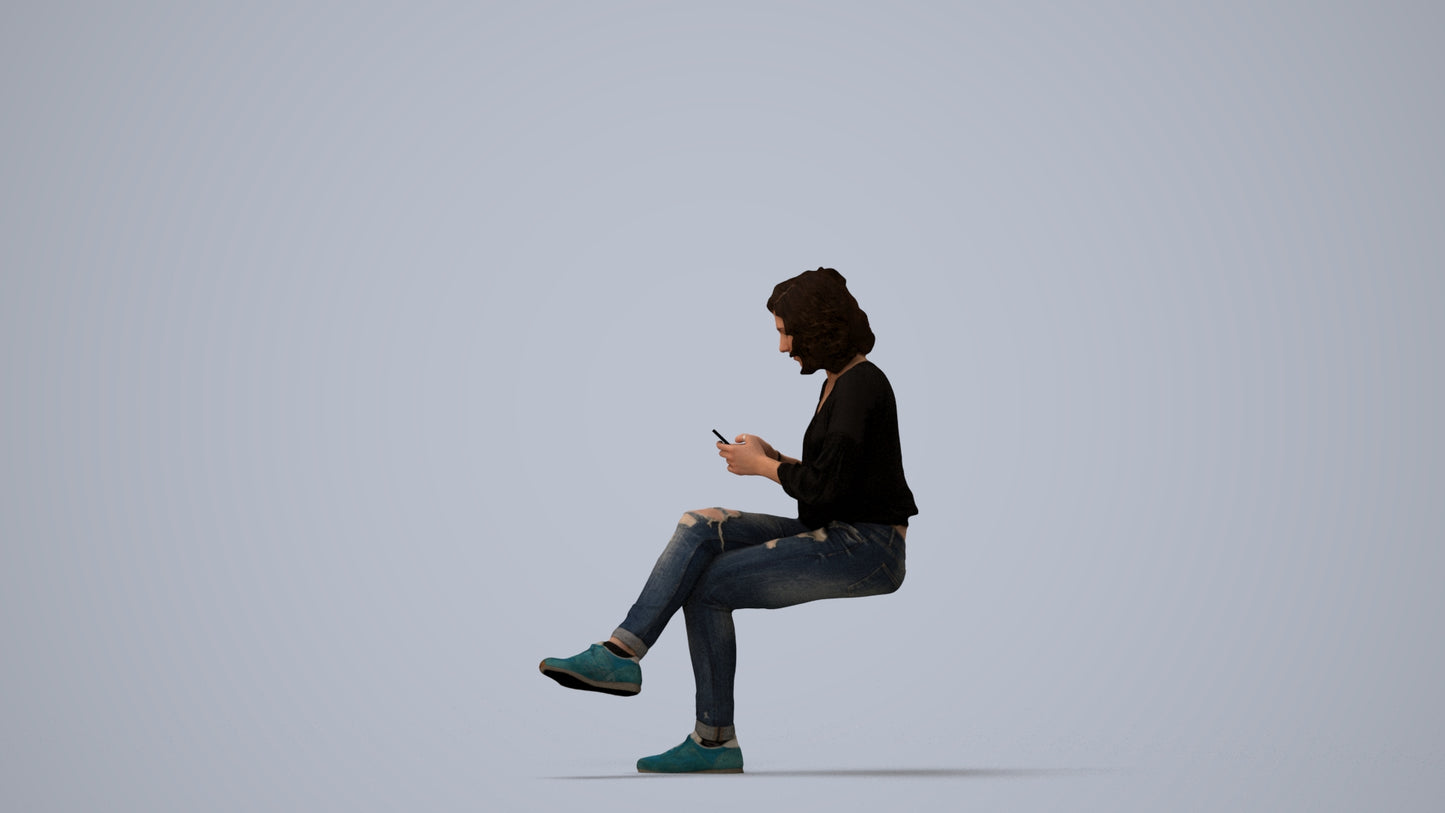 3D human model woman casual sitting, photogrammetry scanned person for archviz, three-quarter view render