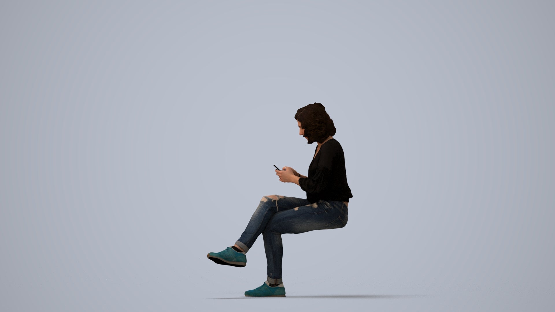 3D human model woman casual sitting, photogrammetry scanned person for archviz, three-quarter view render