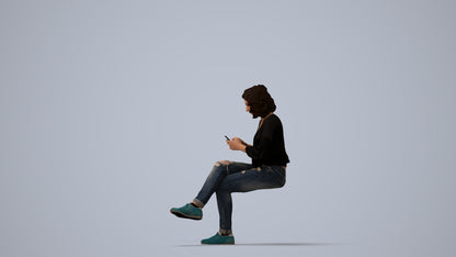 3D human model woman casual sitting, photogrammetry scanned person for archviz, three-quarter view render