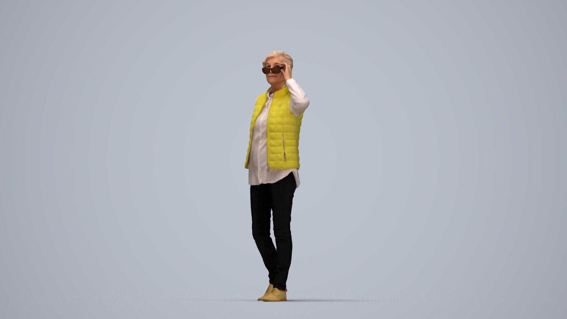 3D human model senior woman casual standing, photogrammetry scanned person for archviz, top-down view render