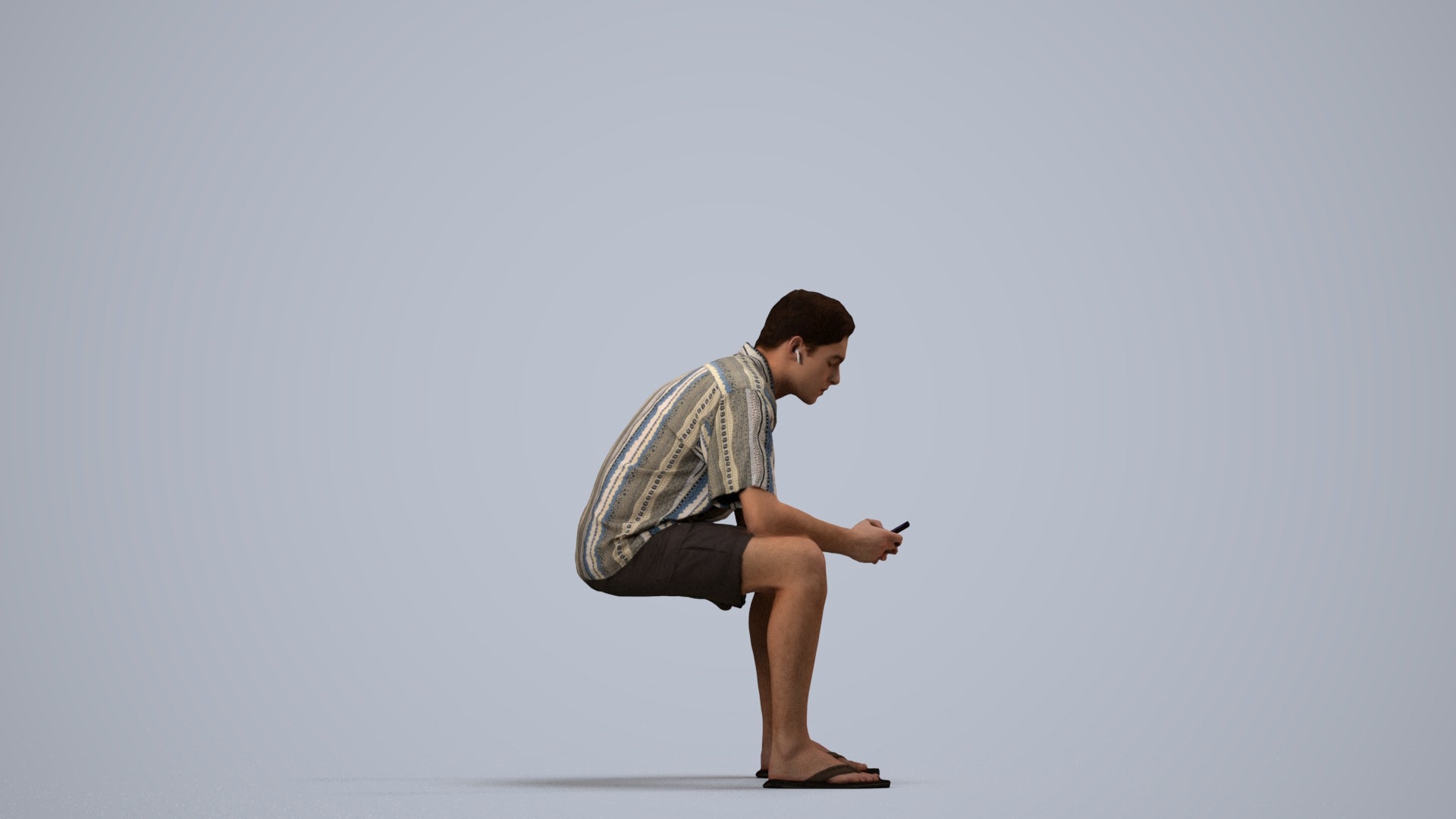 realistic 3D human man casual sitting, archviz people FBX OBJ for Blender, side view render
