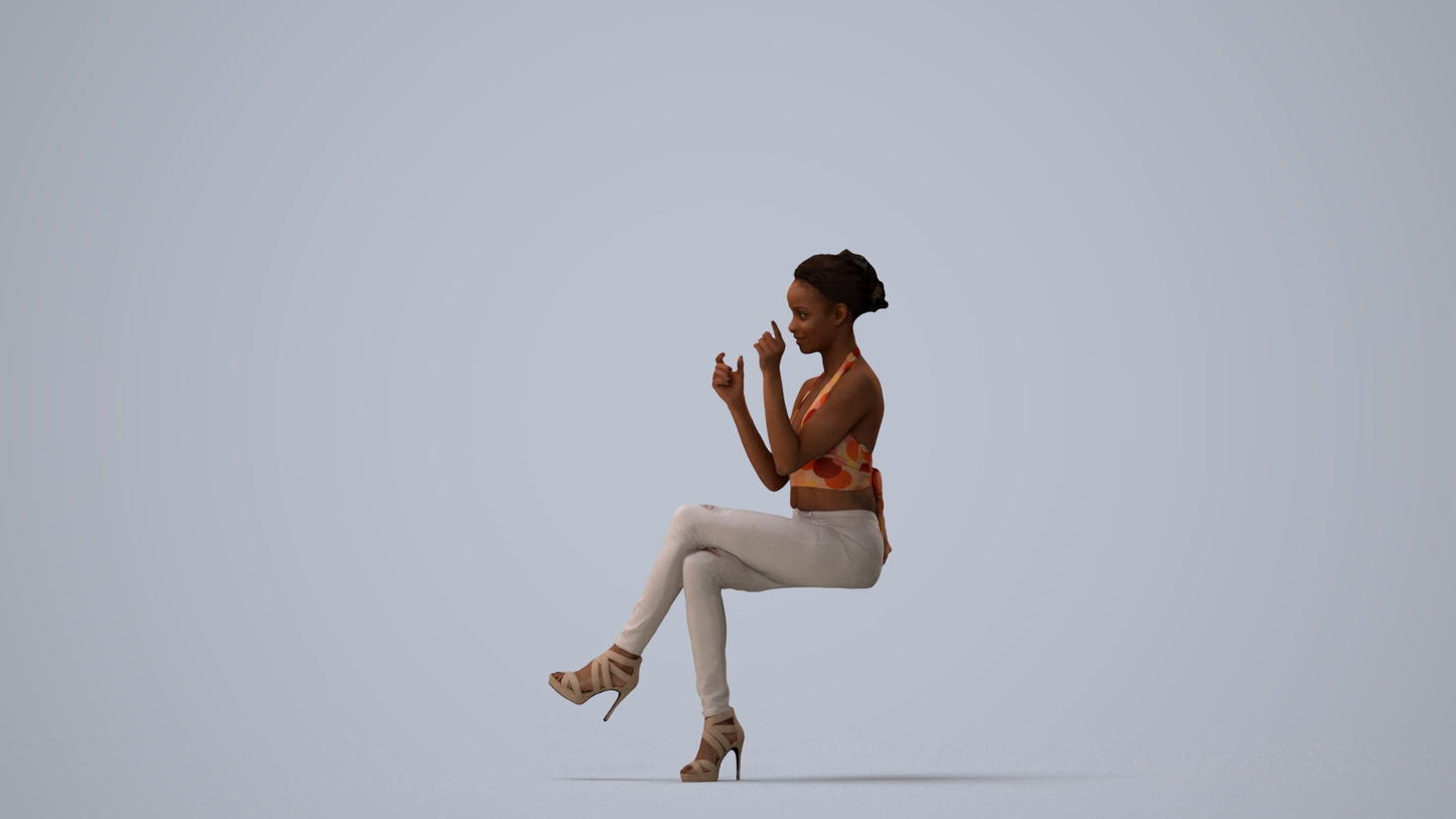 3D scanned woman sitting casual, photorealistic archviz people for Enscape and SketchUp, three-quarter view render