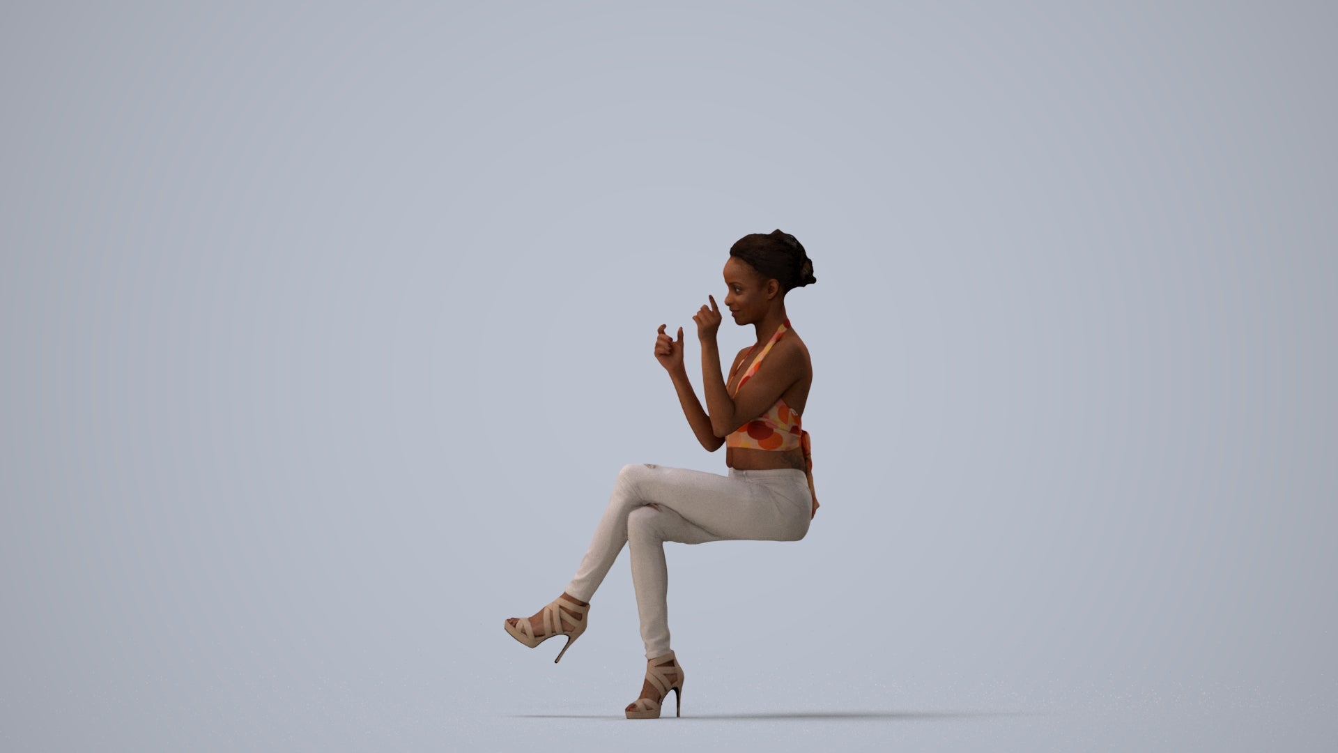 3D scanned woman sitting casual, photorealistic archviz people for Enscape and SketchUp, three-quarter view render