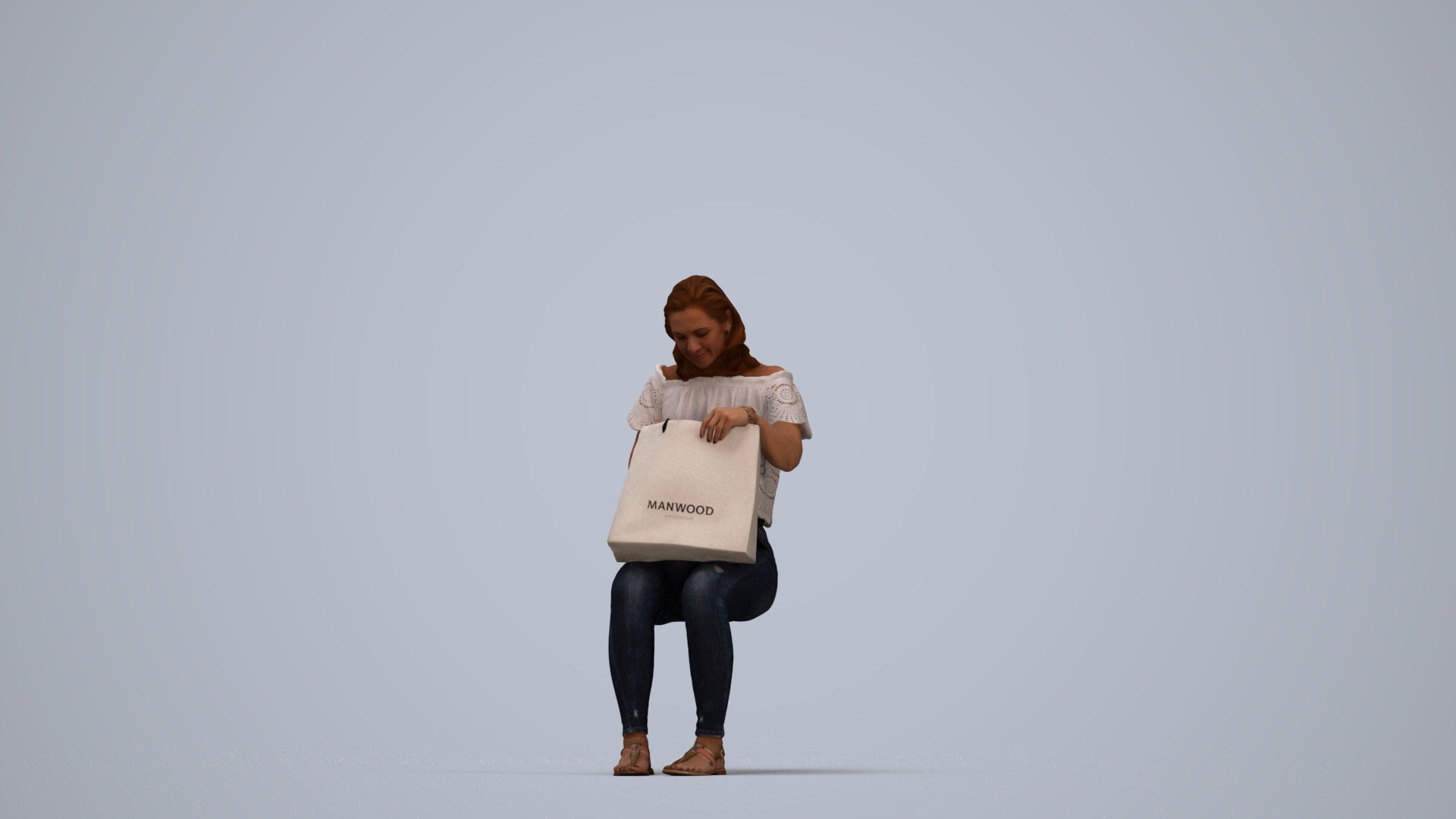 3D human model woman casual sitting, photogrammetry scanned person for archviz, top-down view render