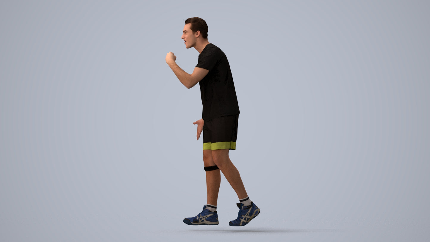3D human model man sport, photogrammetry scanned person for archviz, three-quarter view render