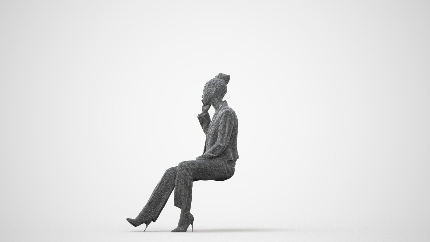 3D human model woman business sitting, photogrammetry scanned person for archviz, square thumbnail