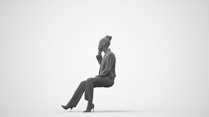 3D human model woman business sitting, photogrammetry scanned person for archviz, square thumbnail