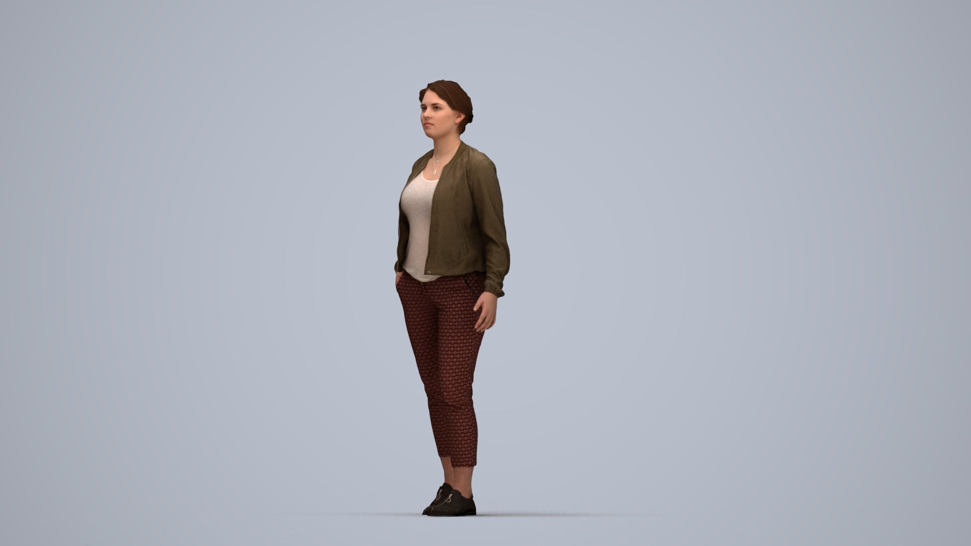 3D human model woman casual walking, photogrammetry scanned person for archviz, top-down view render
