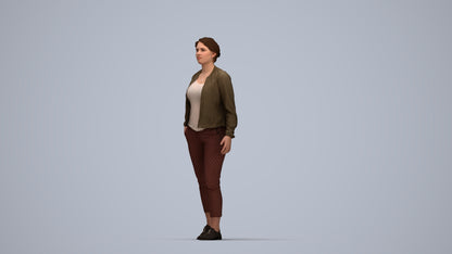 3D human model woman casual walking, photogrammetry scanned person for archviz, top-down view render