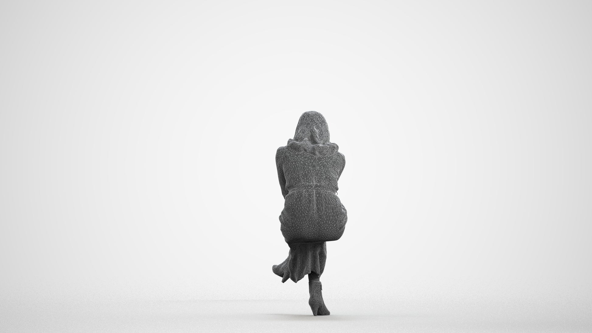 3D scanned woman sitting casual, photorealistic archviz people for Enscape and SketchUp, wireframe front view