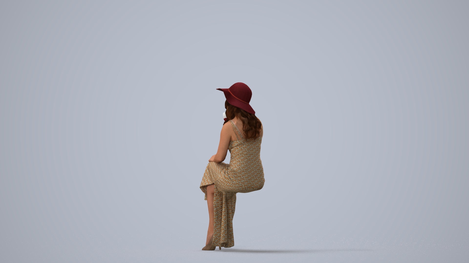 3D human model woman casual sitting, photogrammetry scanned person for archviz, three-quarter view render