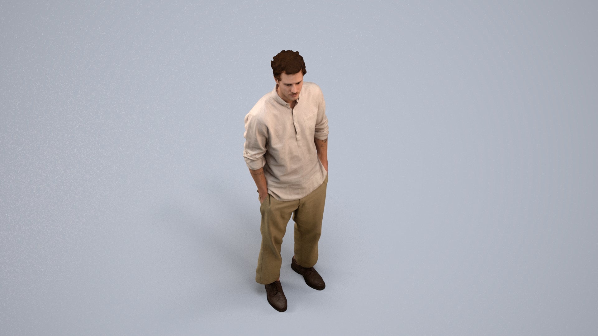 3D human model man casual standing, photogrammetry scanned person for archviz, back view render
