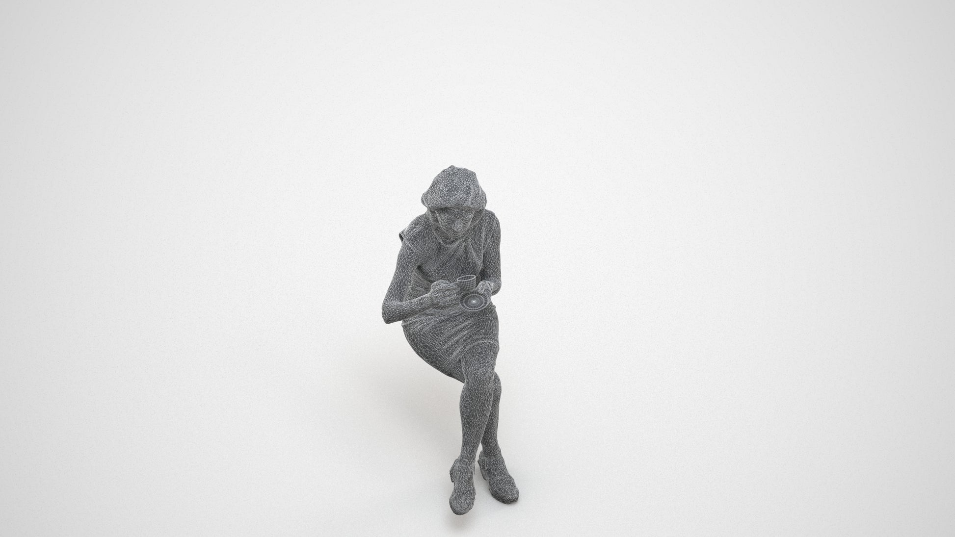 photogrammetry 3D woman business sitting, realistic human model archviz FBX, wireframe three-quarter view