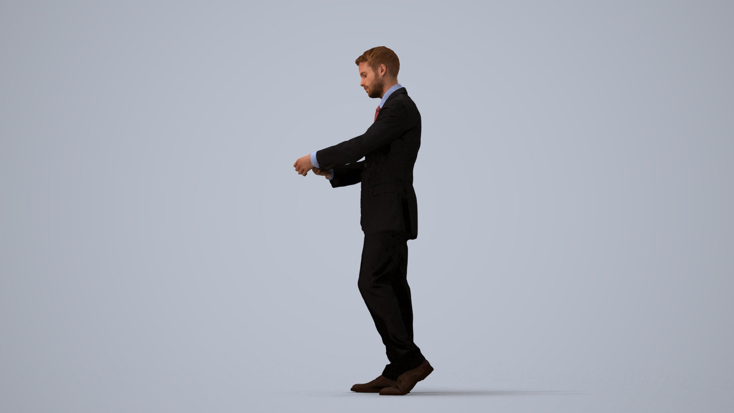 realistic 3D human man business, archviz people FBX OBJ for Blender, three-quarter view render