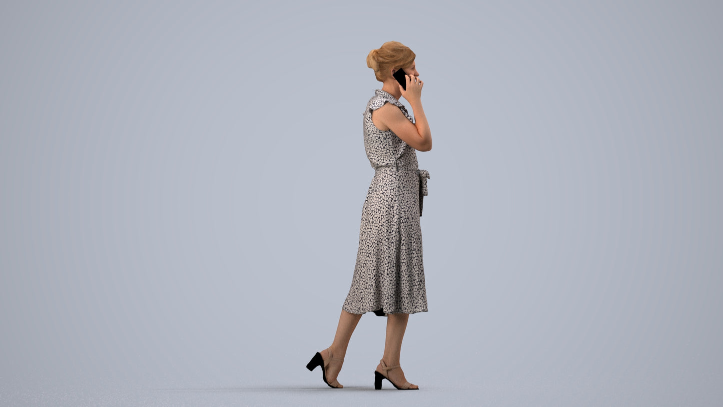 realistic 3D human woman casual walking, archviz people FBX OBJ for Blender, side view render