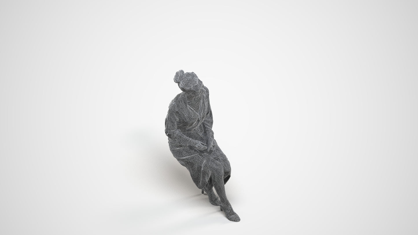 3D scanned woman sitting business, photorealistic archviz people for Enscape and SketchUp, wireframe three-quarter view