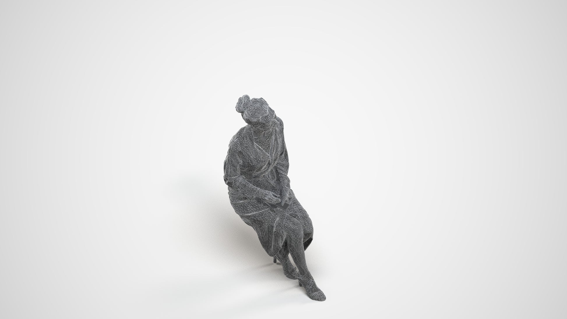 3D scanned woman sitting business, photorealistic archviz people for Enscape and SketchUp, wireframe three-quarter view