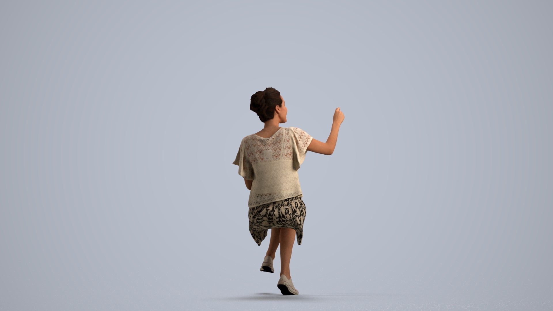 3D human model woman casual sitting, photogrammetry scanned person for archviz, front view render