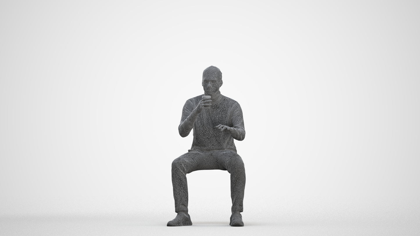 realistic 3D people man casual sitting, render-ready for V-Ray and Corona, FBX OBJ, three-quarter front view render