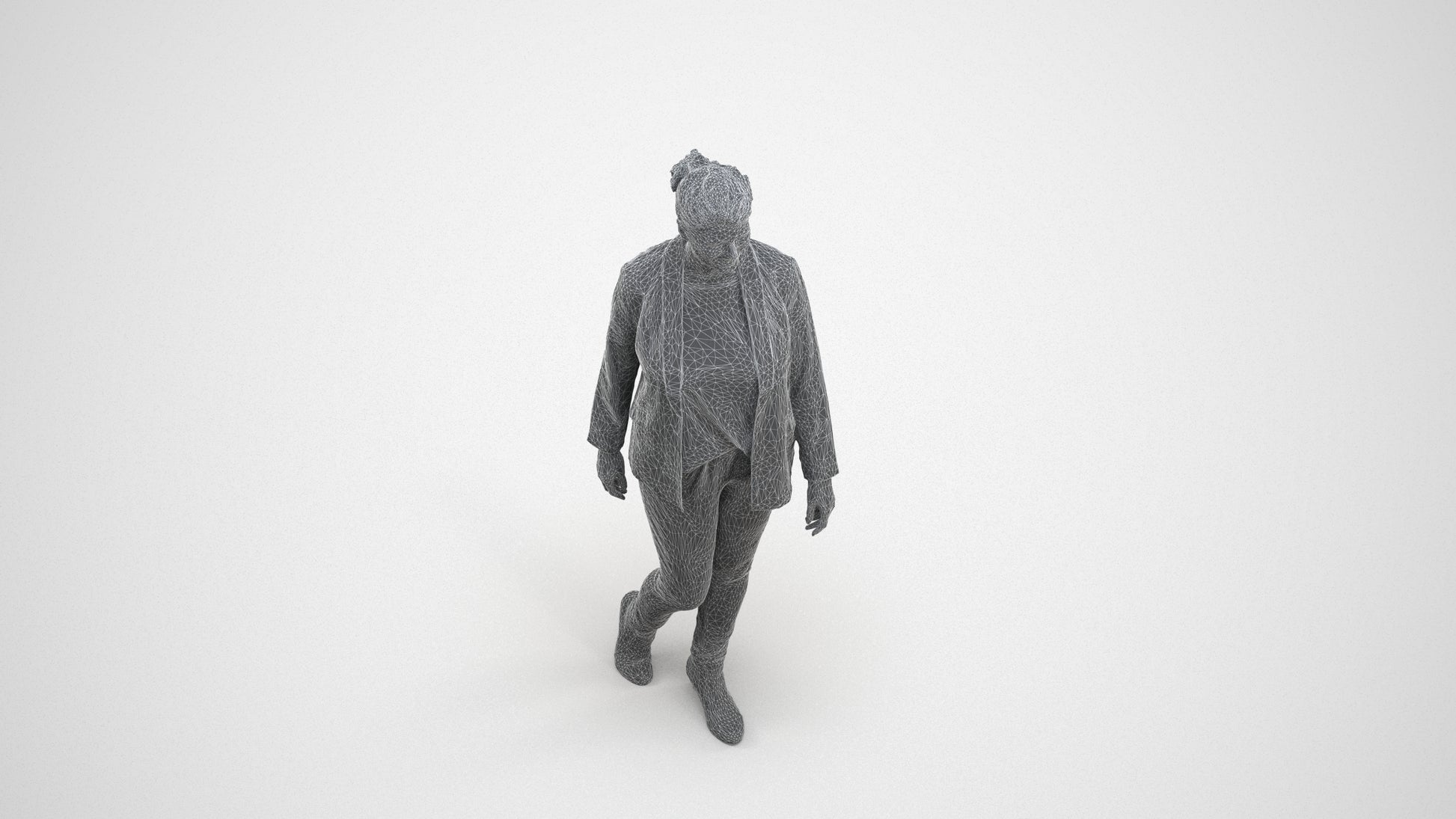 3D scanned woman walking business, photorealistic archviz people for Enscape and SketchUp, wireframe three-quarter view