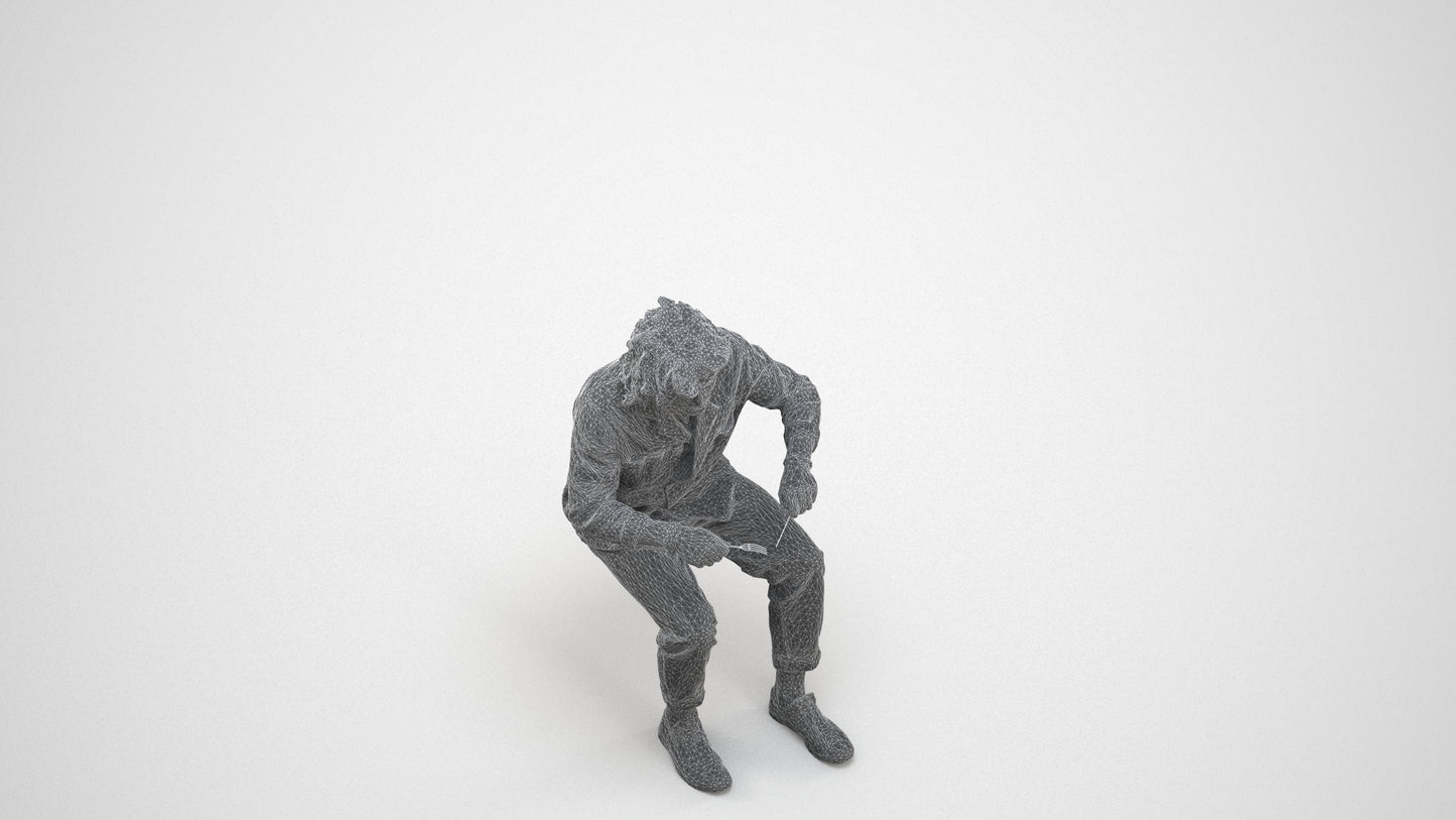 realistic 3D man casual sitting, scanned archviz people for Blender and 3ds Max, wireframe three-quarter view