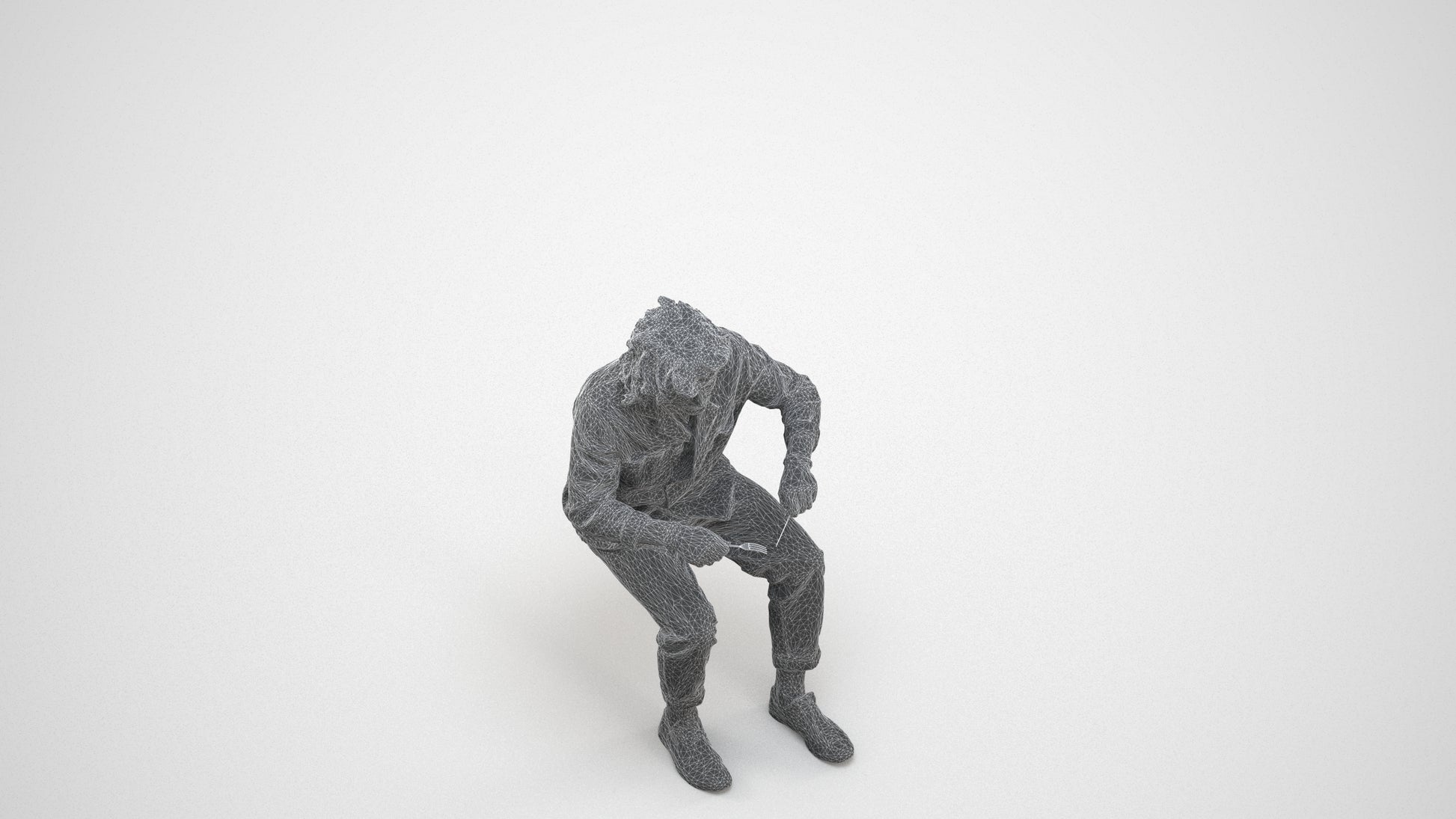realistic 3D man casual sitting, scanned archviz people for Blender and 3ds Max, wireframe three-quarter view
