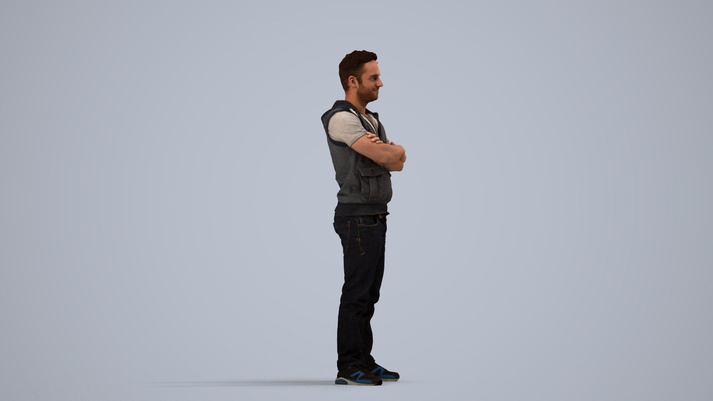 realistic 3D man casual standing, scanned archviz people for Blender and 3ds Max, side view render