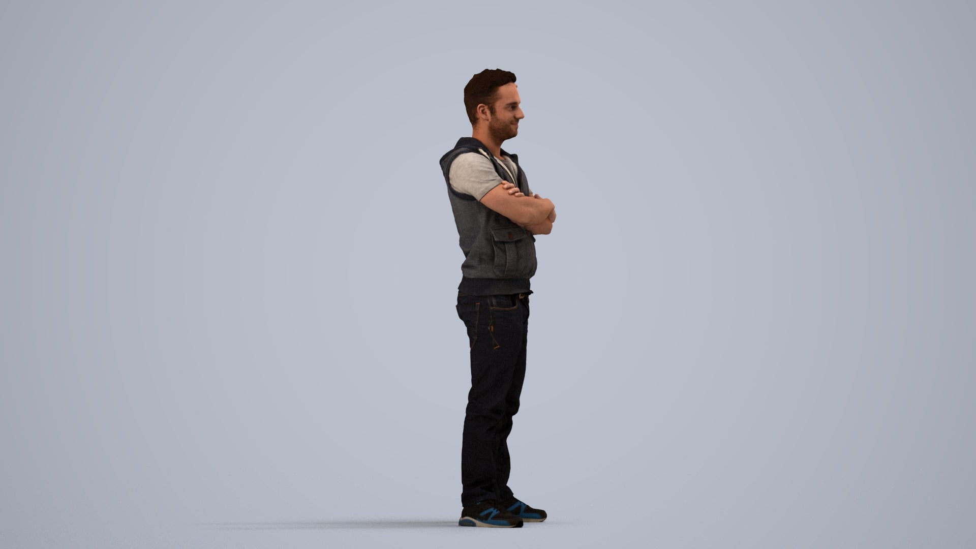 realistic 3D man casual standing, scanned archviz people for Blender and 3ds Max, side view render