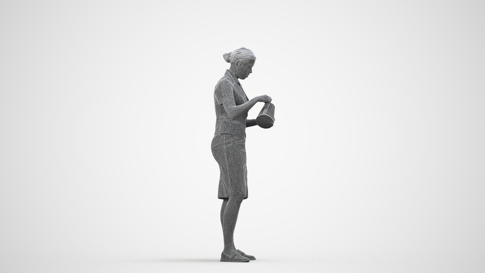 realistic 3D woman hospitality, scanned archviz people for Blender and 3ds Max, wireframe side view