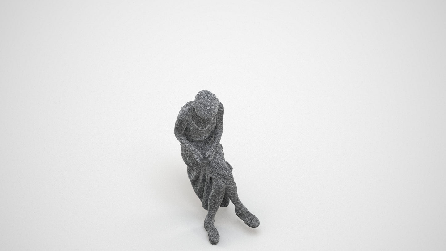 photogrammetry 3D senior woman sitting, realistic human model archviz FBX, wireframe three-quarter view