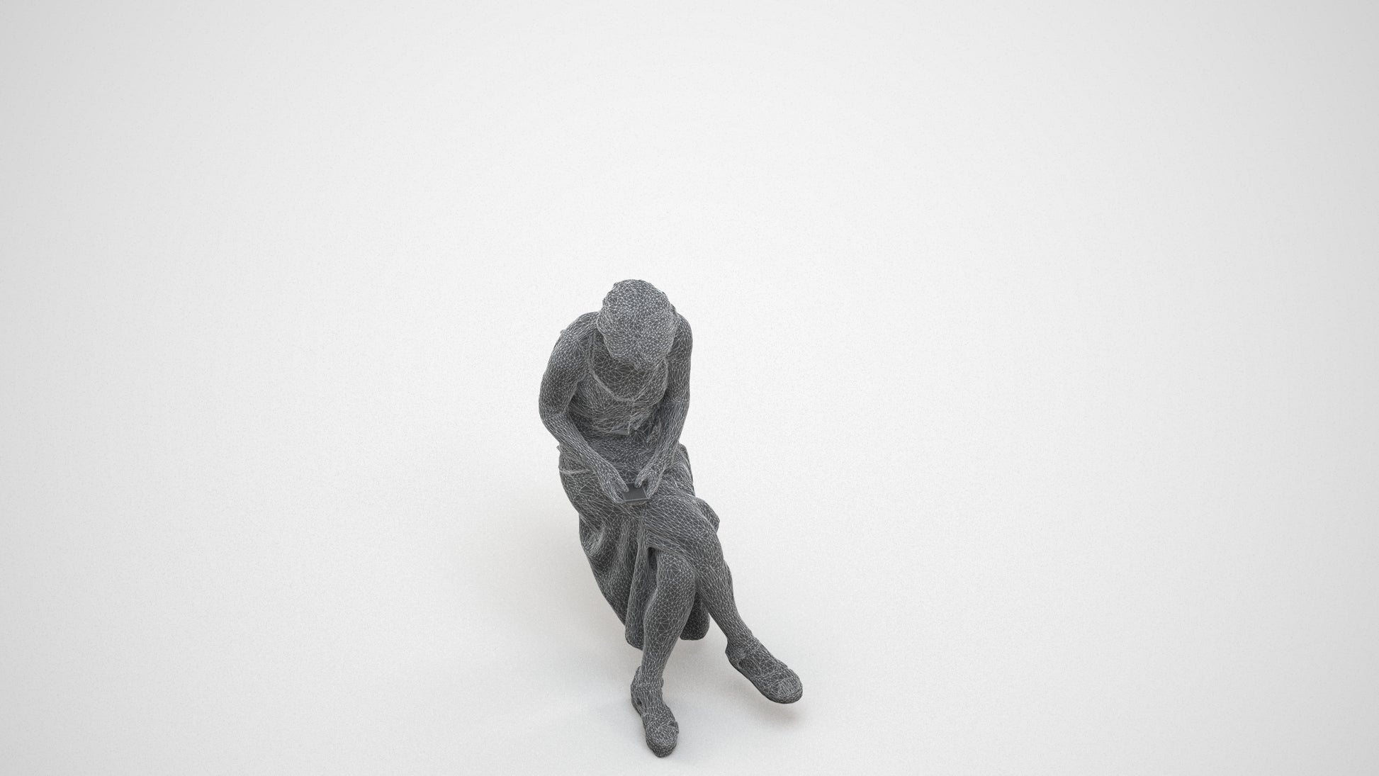 photogrammetry 3D senior woman sitting, realistic human model archviz FBX, wireframe three-quarter view