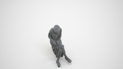 photogrammetry 3D senior woman sitting, realistic human model archviz FBX, wireframe three-quarter view