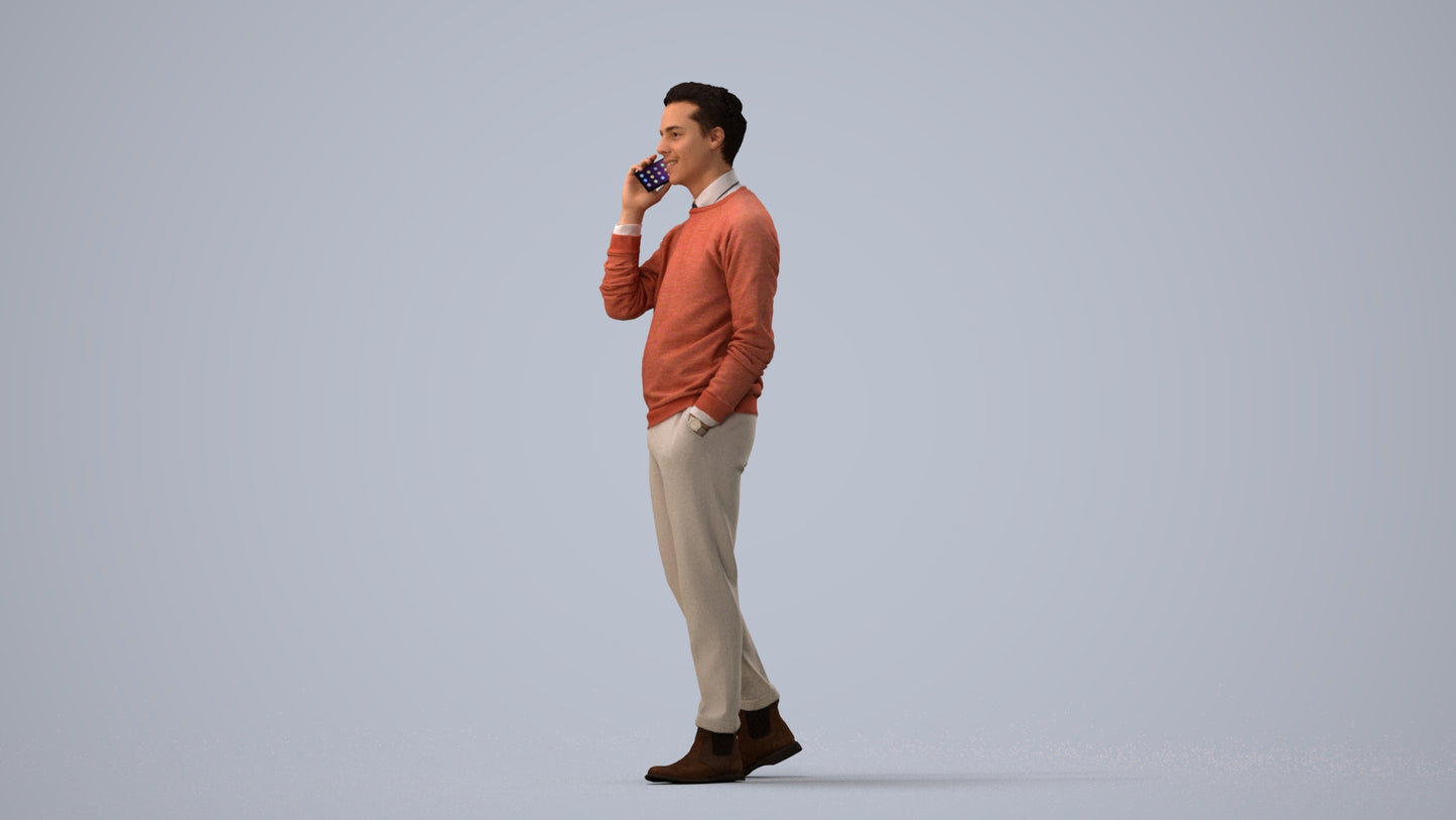 3D human model man casual walking, photogrammetry scanned person for archviz, three-quarter view render