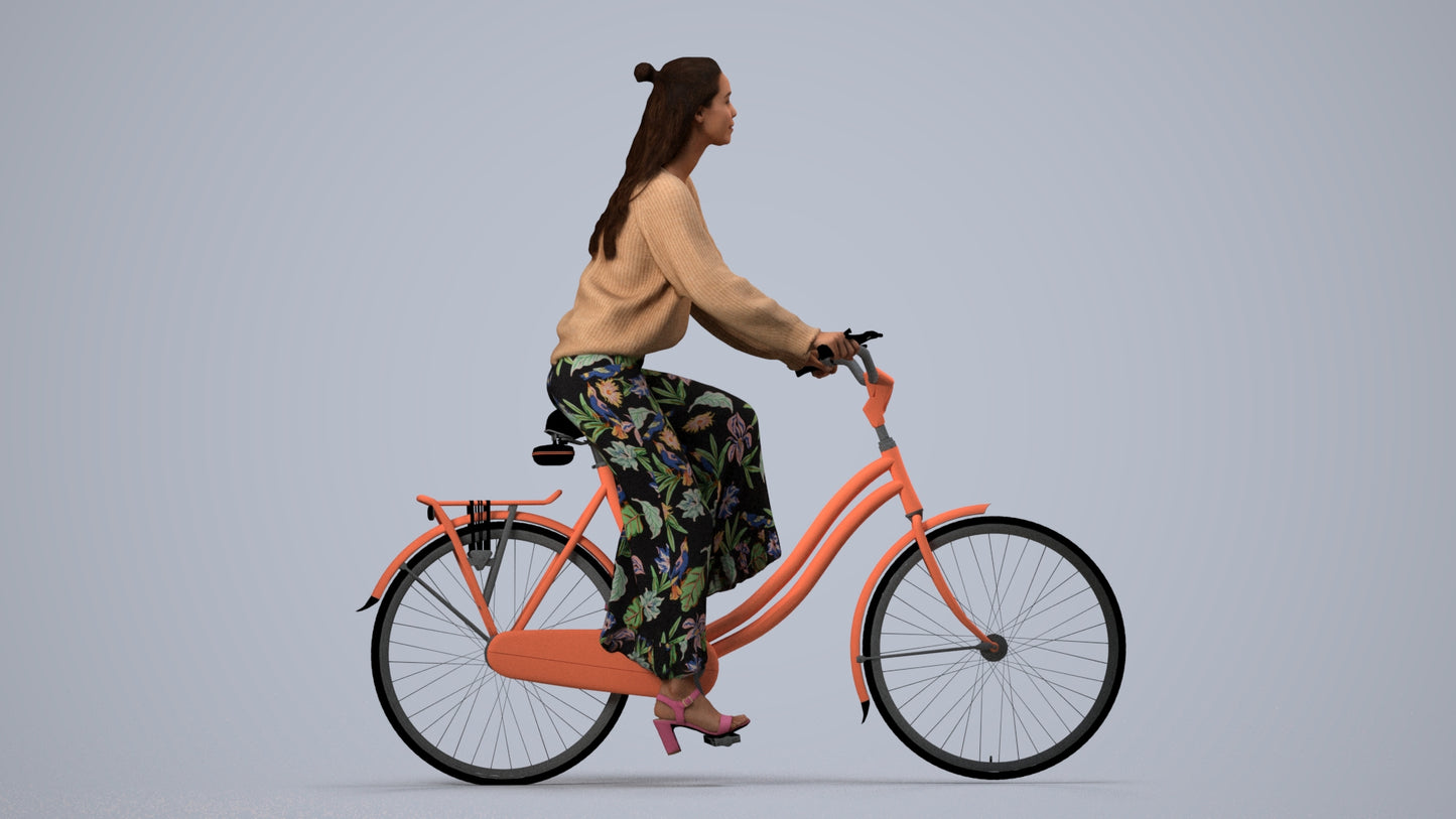 3D human model woman casual cycling, photogrammetry scanned person for archviz, side view render